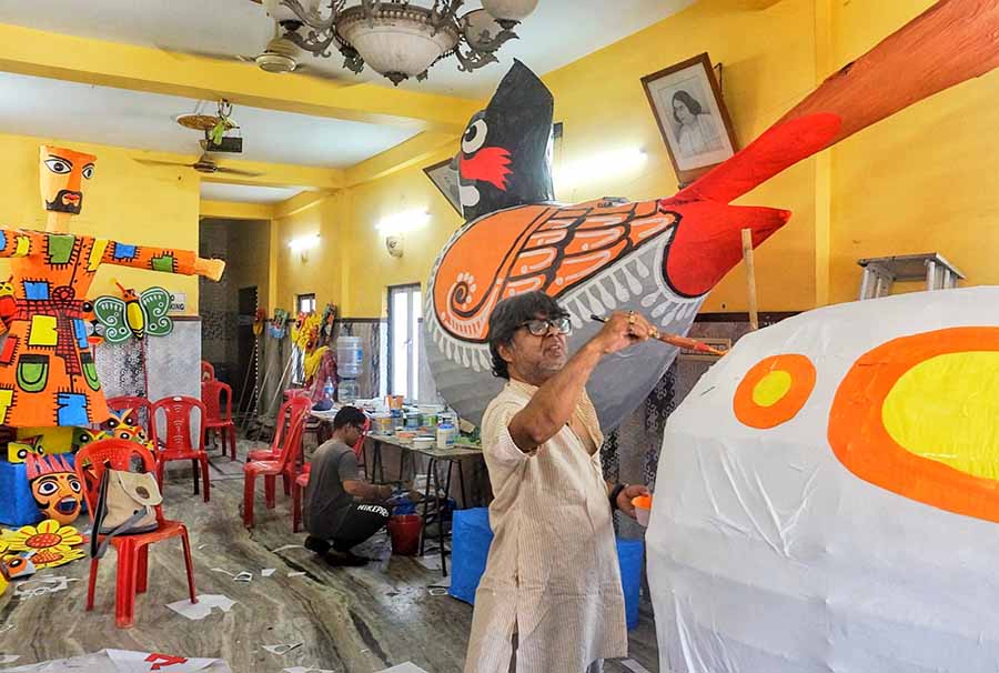 Preparations in full swing for the Poila Baisakh procession at Kishor Bahini Club, Patuli. The rally will take place on April 15      