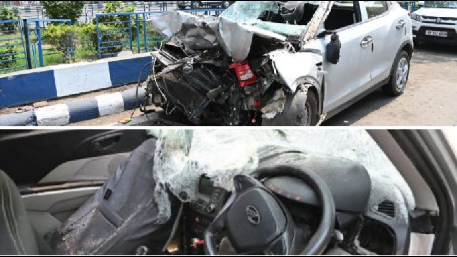 The car after the accident at the Dum Dum Park intersection on VIP Road on Monday; (below) the damaged steering wheel