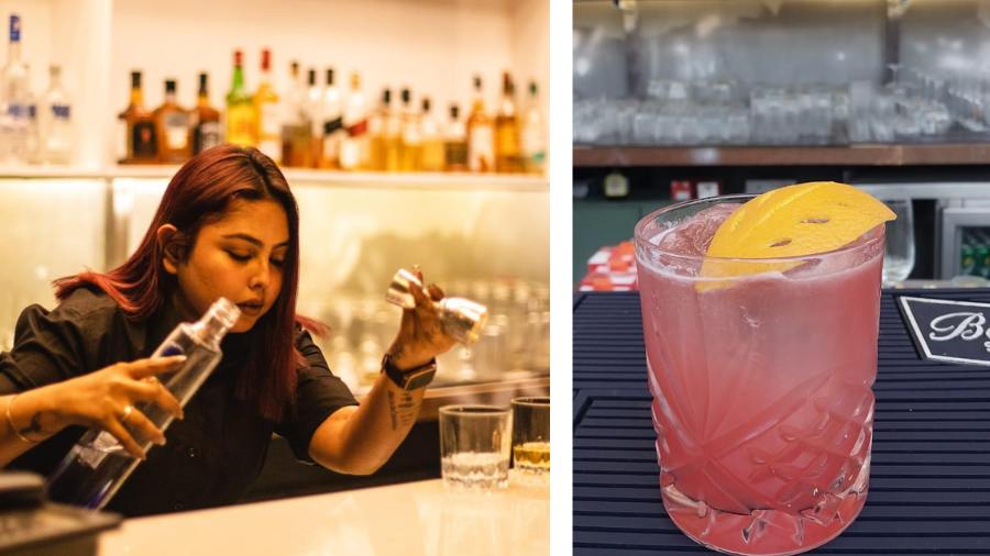 Making her own creation, The Berried Blush, and (right) the finished cocktail