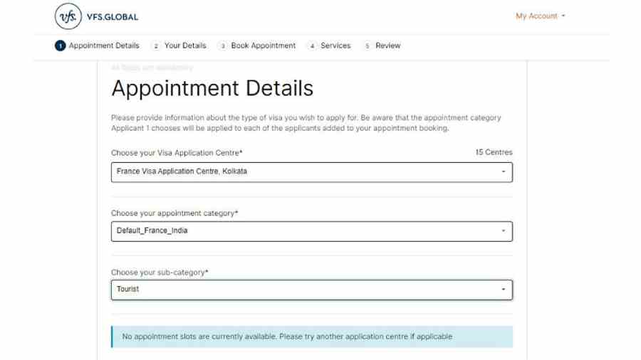 “No appointment slots are currently available. Please try another application center if applicable,” reads a message on the VFS Global website after an applicant tried to book an appointment for an interview for a French visa