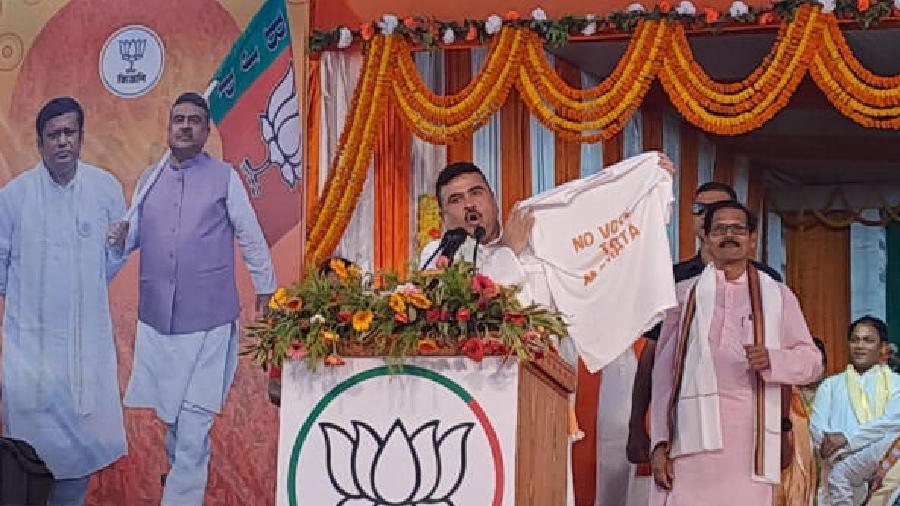 Suvendu Adhikari at the public meeting in Kaliaganj, North Dinajpur, on Wednesday