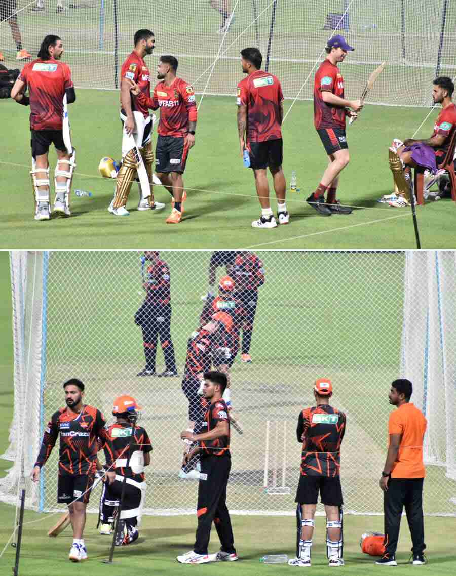 Kolkata Knight Riders (KKR) and Sunrisers Hyderabad (SRH) players during practice session at the Eden Gardens. The two teams will take on each other at Eden on Friday  