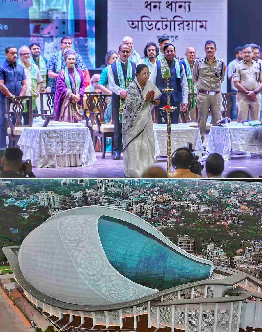 Chief minister Mamata Banerjee inaugurates the Dhana Dhanye stadium at Alipore on Thursday. Various artistes performed at the event  