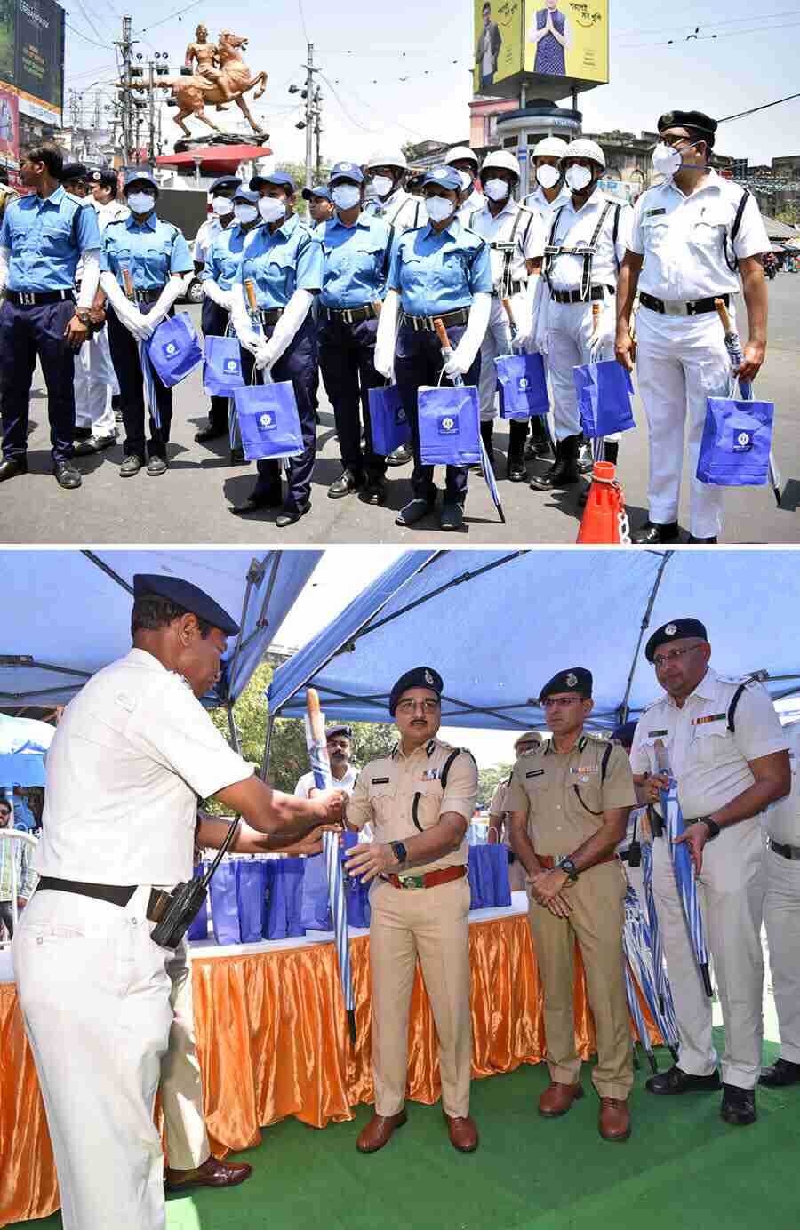 Kolkata Police commissioner Vineet Kumar Goyal distributed water bottles, ORS, sunglasses and umbrellas among traffic cops at the Park Circus 7-point crossing and Shyambazar on Thursday to help them fight the heatwave-like conditions  