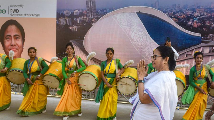 West Bengal CM during the inauguration of Dhana Dhanya Auditorium, in Calcutta. My sincere appreciation to the PWD for making this dream project a reality, Mamata tweeted with pictures of the auditorium. 