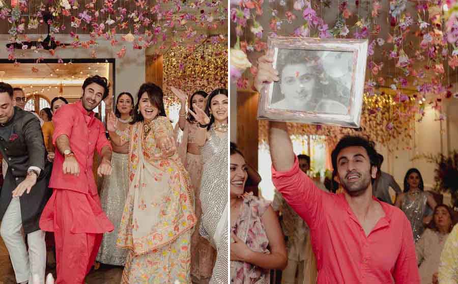 The groom’s party including Neetu Kapoor, Riddhima Kapoor Sahani, and cousin Kareena Kapoor surprised Alia with a dance performance at the Mehendi ceremony. (Right) Ranbir remembered his late father, Rishi Kapoor, in a heartfelt gesture. 