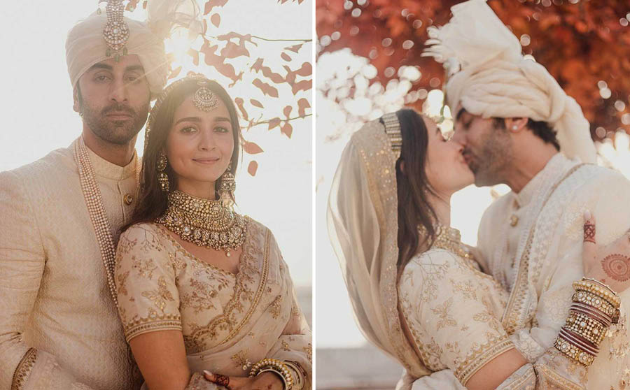 The bride and groom opted for a colour-coordinated wardrobe. Ranbir wore a Sabyasachi embroidered silk sherwani with a Sabyasachi Heritage multi-strand pearl necklace.