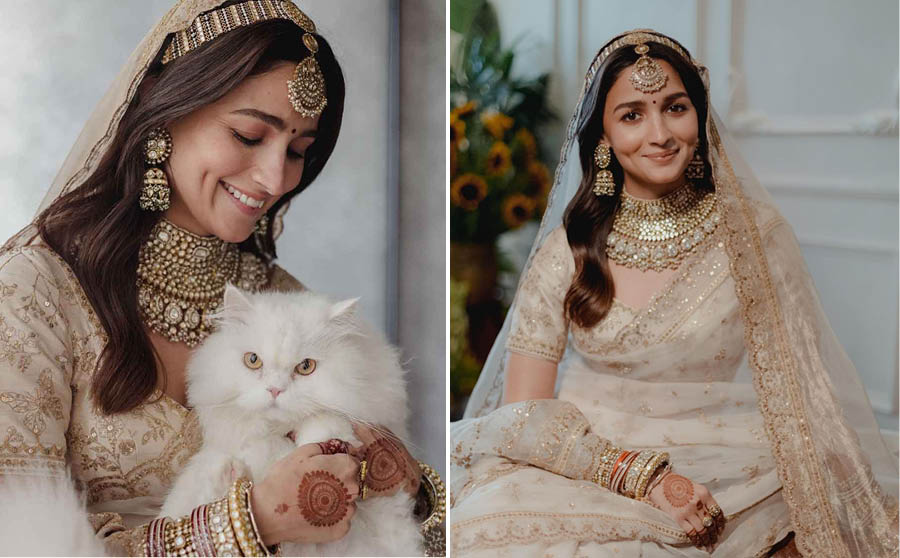 Alia’s cat Edward was the ‘cat of honour’ at the wedding. (Right) Alia glowed in a Sabyasachi ivory organza sari and embroidered tissue veil with traditional polki jewellery and customised kaliras. 