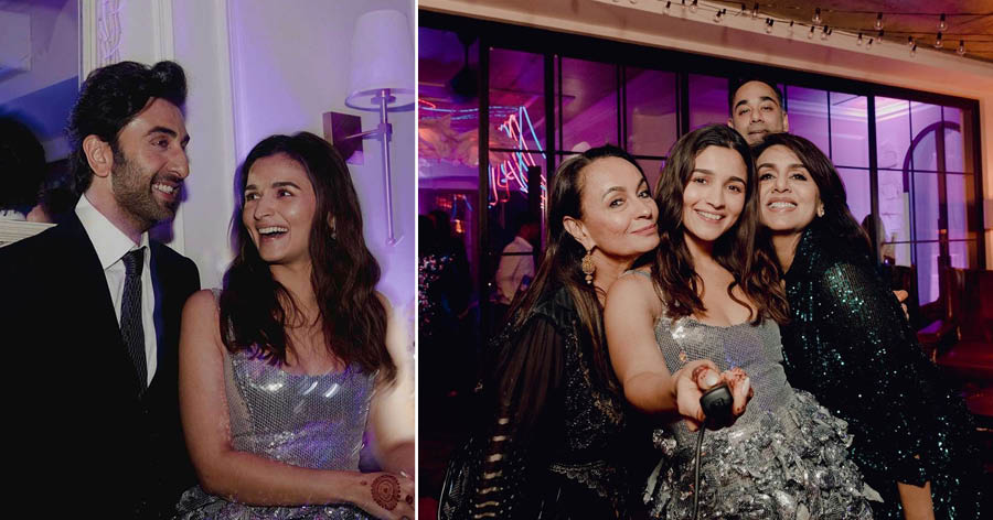At the reception party, Alia dazzled in a silver mini dress with ruffles, while Ranbir went for a classic black suit-and-tie look. (Right) Alia with mom Soni Razdan and mom-in-law Neetu Kapoor. 