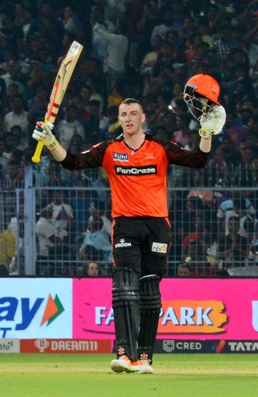 Harry Brook of Sunrisers Hyderabad acknowledges the crowd after scoring a century off 55 balls. The magnificent knock comprises 12 fours and three sixes. Brook, who remained unbeaten, was declared the player of the match. Sunrisers won the match by 23 runs