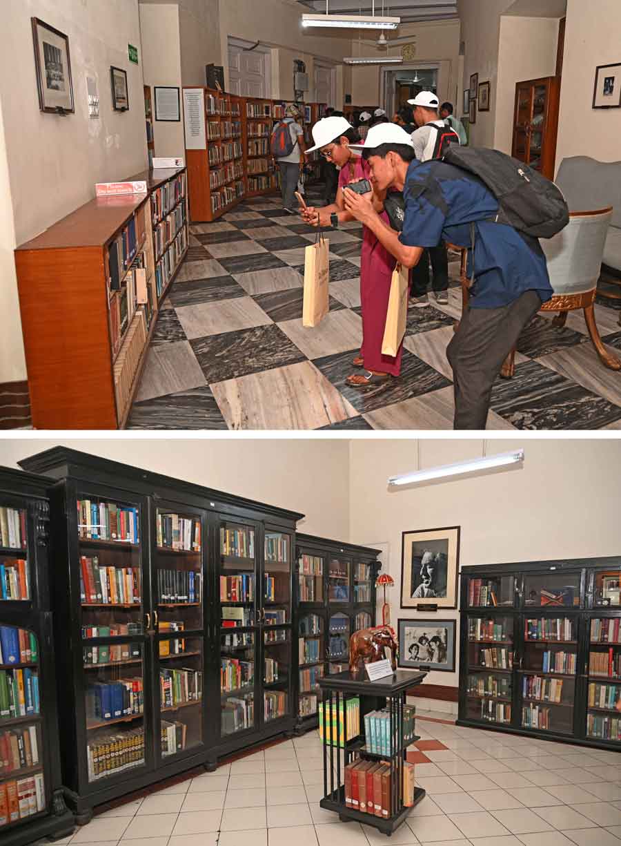 The library has a large collection of books and manuscripts. The walls are adorned with photographs of previous Governors of West Bengal. A replica of the Constitution of India is also a part of the collection. The walls have several photographs and portraits of notable icons like Satyajit Ray, Ishwar Chandra Vidyasagar and others