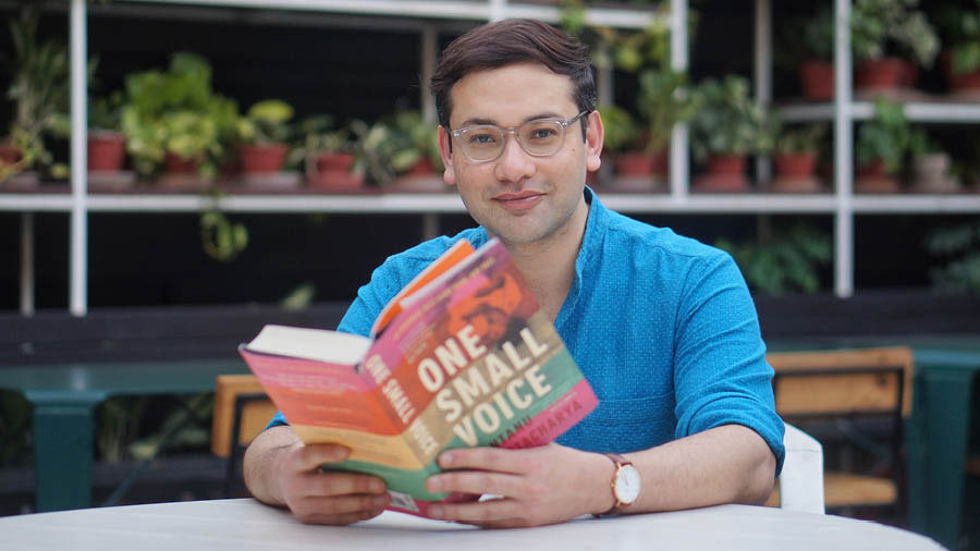 Santanu Bhattacharya with his debut novel in Kolkata 