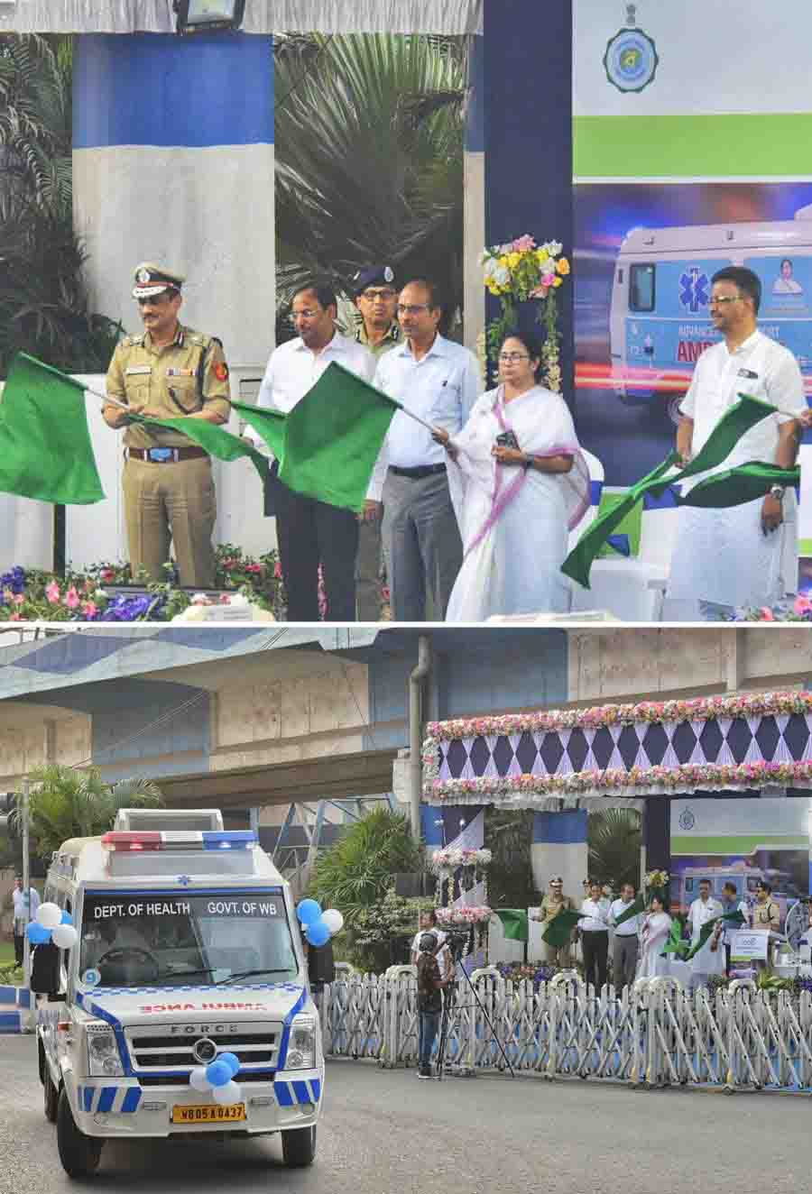 Chief minister Mamata Banerjee rolled out 30 new advanced life support ambulances from Nabanna on Monday. These ambulances come with oxygen support, portable suction, and trauma-care facilities. These will be available in all districts of Bengal. Mayor Firhad Hakim was also present at the event