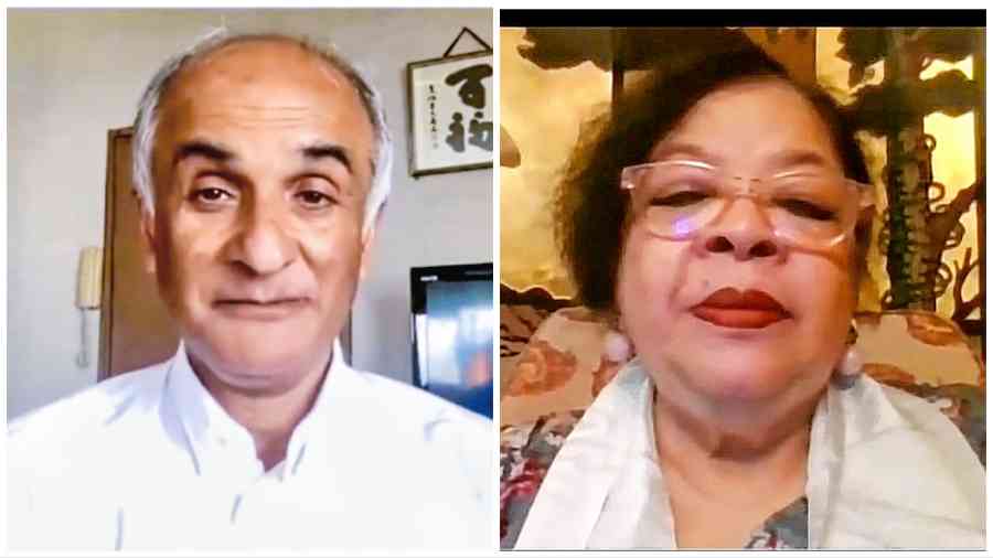 Screenshot of the virtual discussion of The Bengal Club's Book Club. Pico Iyer (left) and Prof Julie Mehta (right).