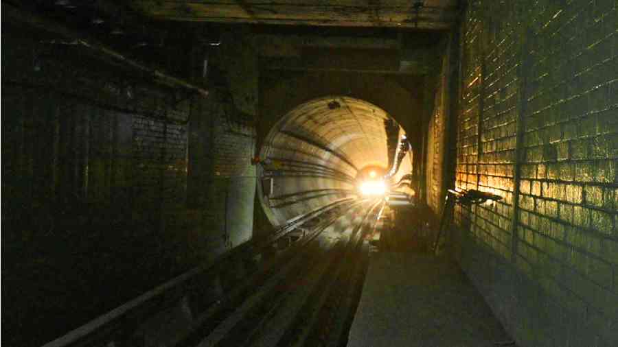 A Metro rake from Mahakaran station crosses to Howrah Maidan from below the Hooghly on April 12