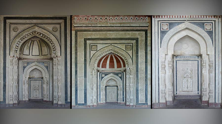 Collage of ornate mihrabs of Qila-I-Kuhna Mosque