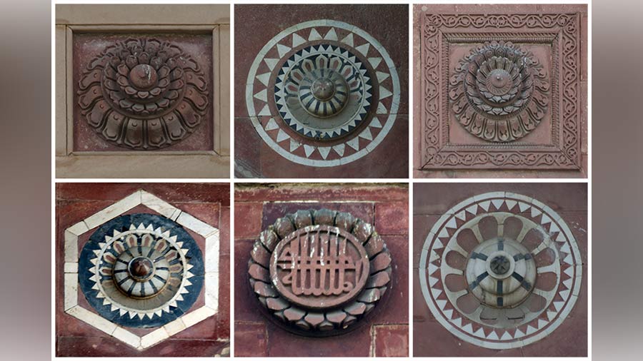 Collage of ornamentation inside Qila-I-Kuhna Mosque