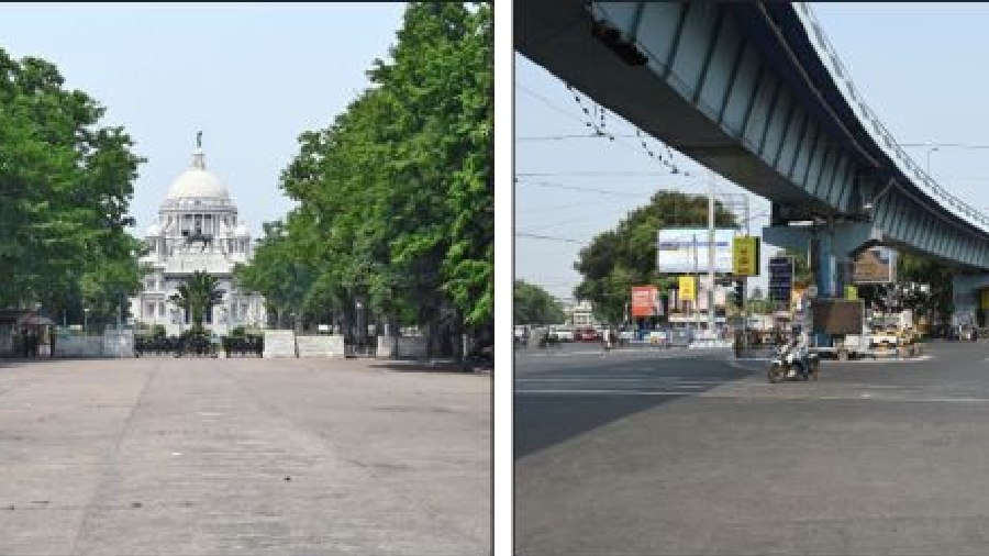The approach to the Victoria Memorial looks deserted on Monday afternoon (left); Only a handful of commuters could be seen at the Park Circus seven-point crossing on Monday afternoon