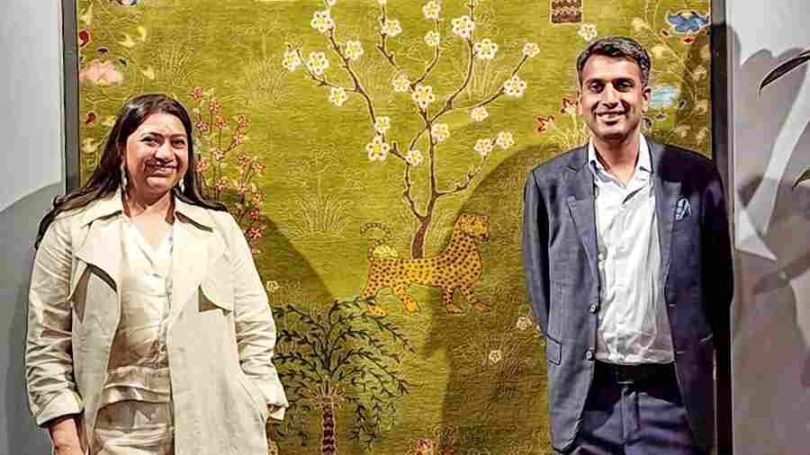 Pavitra Rajaram and Yogesh Chaudhary, director of Jaipur Rugs pose with the Shikargah carpet at the Milan launch. “For me, it’s not just a company vision. Even personally, it is important to me that we stay invested in keeping a dying art alive, in enabling a whole community of weavers out of generational oppression. We are happy to be partnering on collaborations like Majnun, which are not only visually stunning and luxurious but also bring a sense of social responsibility and commitment to ethical manufacturing practices,” says Yogesh.