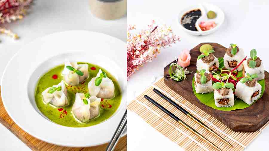 (l-r) Soft and delicate dim sums floating in a dense and aromatic Thai Green curry is a great mix of two different cuisines, Uramaki with Shiitake Mushroom and Tobanjan topped with shiitake paste is a mouthful