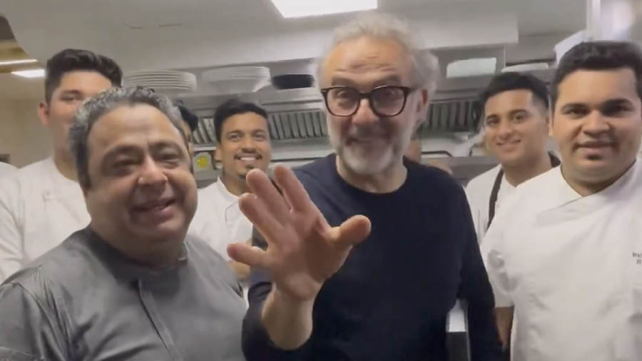 Chefs Massimo Bottura and Manish Mehrotra in Delhi on Wednesday  