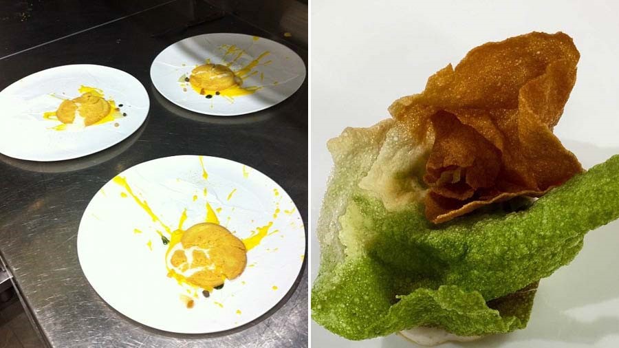 The special menu created for New Delhi will feature vegetarian and non-vegetarian renditions of Bottura’s signature dishes (left) ‘Oops I Dropped the Lemon Tart’, (right) ‘The Crunchy Part of the Lasagne’ and ‘Psychedelic Cod Not Flame Grilled’, amongst others