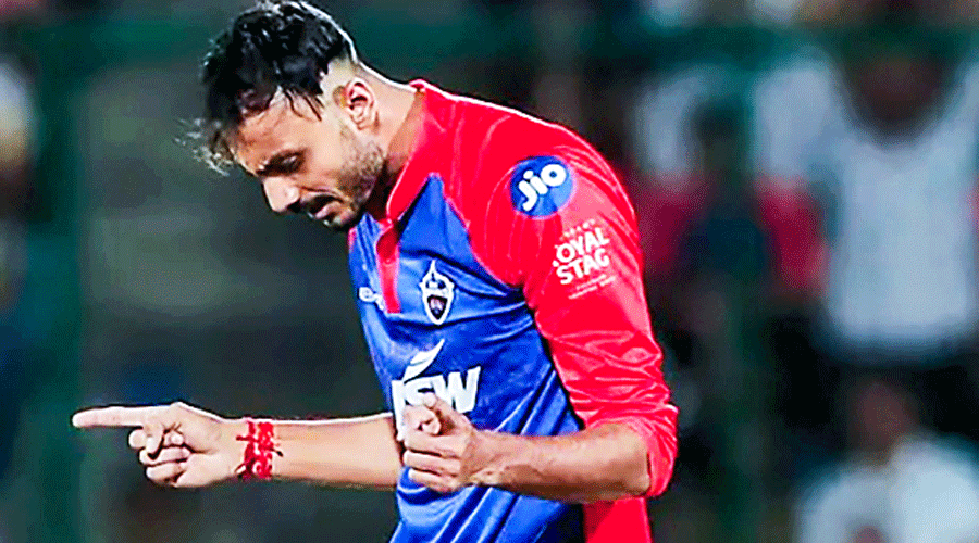Axar Patel celebrates after dismissing KKR’s Mandeep Singh.