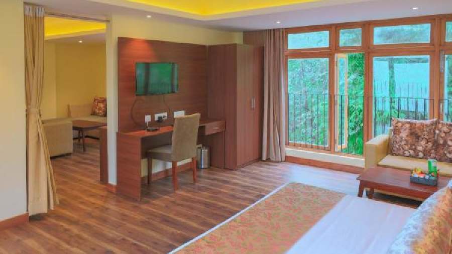 The spacious suites offer enchanting views of the surrounding hills and valleys.