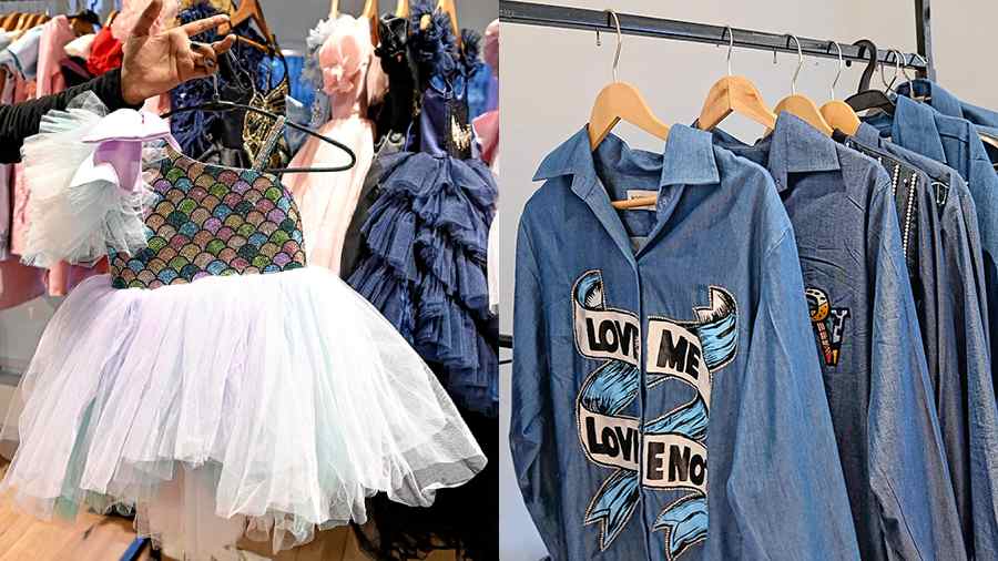 Pooja Wang had quirky hand-painted and machineembroidered light-weight denim shirts for summer (Rs 6,500 onwards) and a wide collection of party frocks made with lace, soft satin and feathers for toddlers (Rs 9,000 onwards)