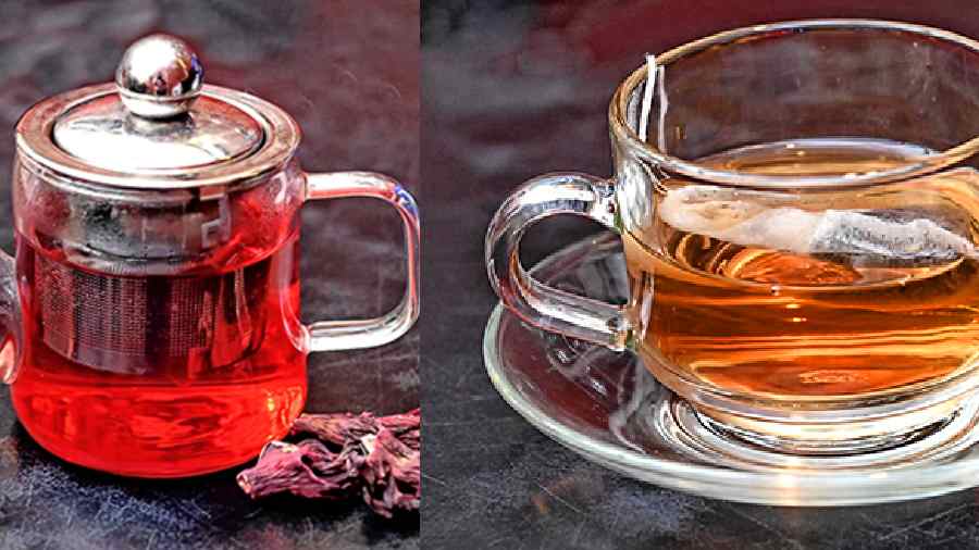 (l-r) Hibiscus tea, Whiskey Tea