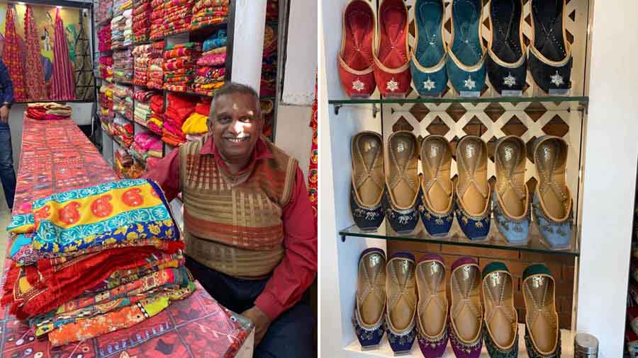 Katra Jaimal Singh is an area with many shops for phulkaris and dupattas; (right) Raunak Shoe House sells local and Pakistani jootis