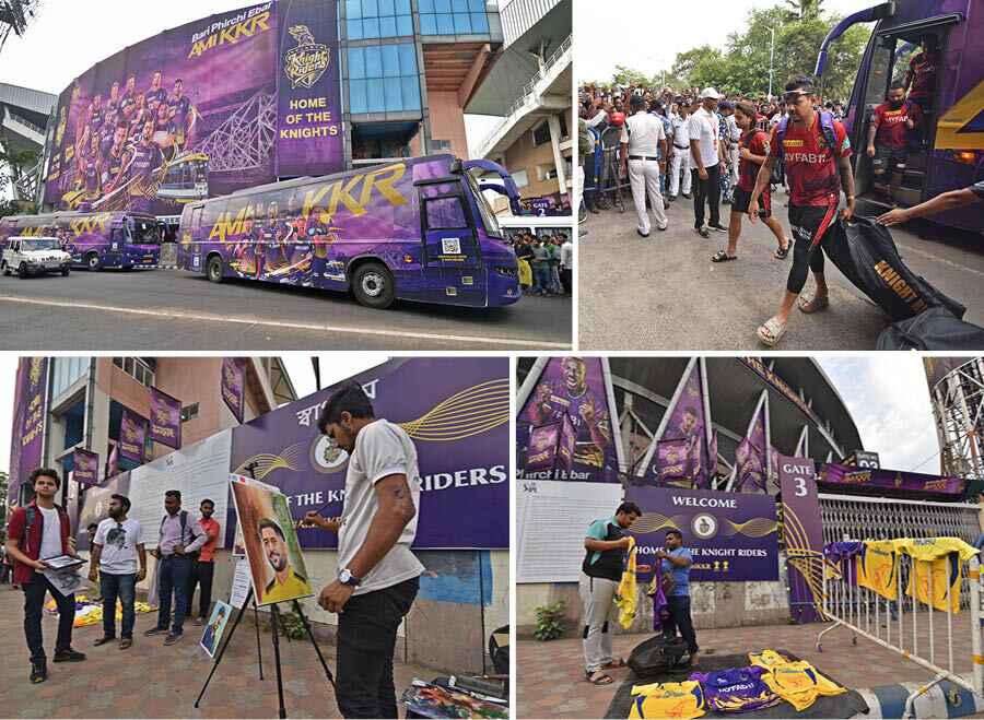 (Clockwise from top left) KKR are set to take on CSK on Sunday. While KKR have won three out of six, CSK managed four wins in six matches so far. The two former IPL champions will clash at the Eden Gardens in Kolkata on April 23, which will host its third match of the season. KKR have lost one and won one at their home turf so far. There is chance of rain on Sunday and weather may play spoilsport; KKR players arrive for a session at the nets at the Eden Gardens on Saturday; A man sells team jerseys on the eve of the tie;  an artist gives finishing touches to a Dhoni portrait