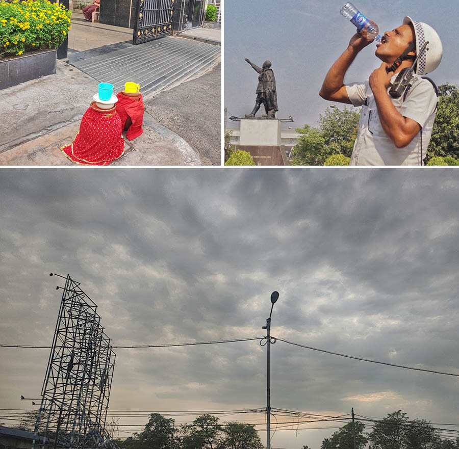 (Clockwise from top left) Earthen pitchers kept on the pavement for people to quench their thirst in south Kolkata on Saturday; a policeman quenches his thirst; It was partly cloudy on Saturday and the weather conditions brought some relief to Kolkatans
