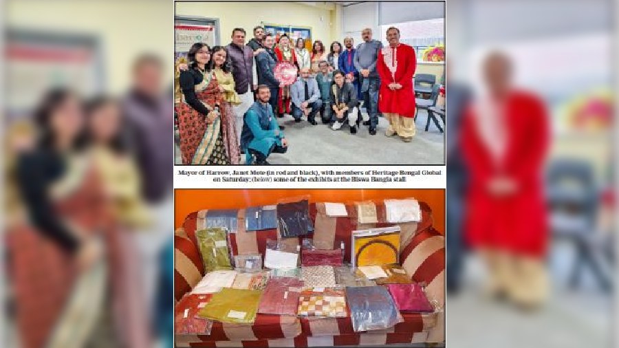 Mayor of Harrow, Janet Mote, with members of Heritage Bengal Global at Naboborsho Mela  on Saturday, (below) the products to be on display at the fair  