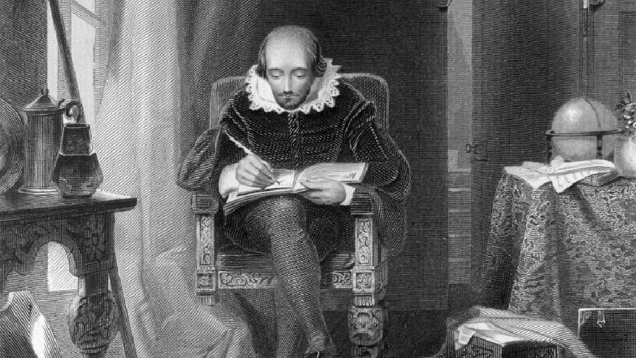 Circa 1610, English poet and dramatist William Shakespeare (baptism April 26, 1564 — April 23, 1616) at work in his study. Portrait by A.H. Payne.Picture: Edward Gooch Collection/Getty Images