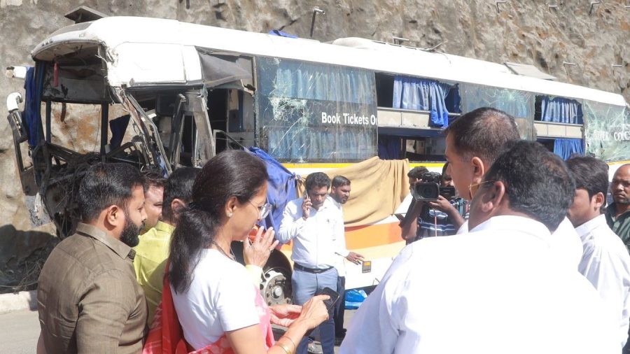 NCP leader Supriya Sule at the accident spot. Pune Zilla Parishad Chief Executive Officer Ayush Prasad said driver fatigue was a significant issue which needed to be addressed to prevent such accidents.