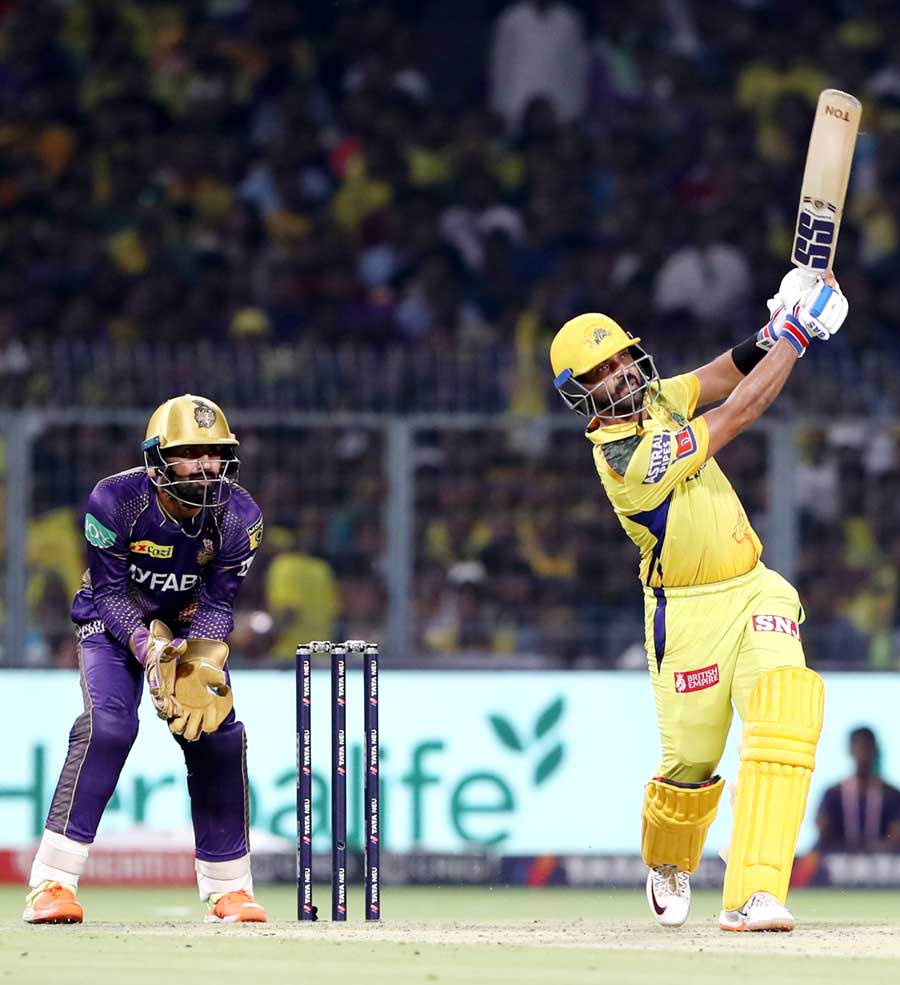 Ajinkya Rahane of CSK hits one. Rahane, the top scorer for CSK, remained unbeaten at 71. His innings included six fours and five sixes and fetched him the prize for Player of the Match 