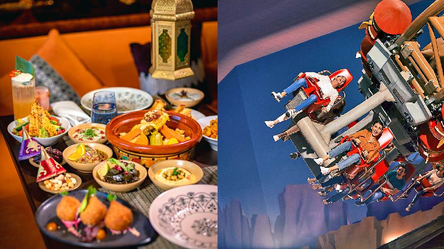 The iftar spread at Bushra (Left) and Scenes from Warner Bros. Abu Dhabi (Right) 