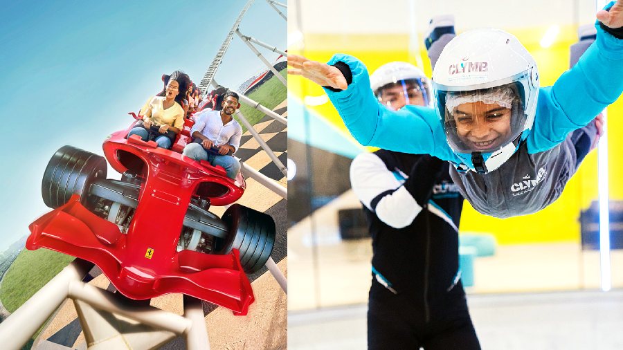 Glimpses of Ferrari World (left) and Clymb Yas Island (right) 