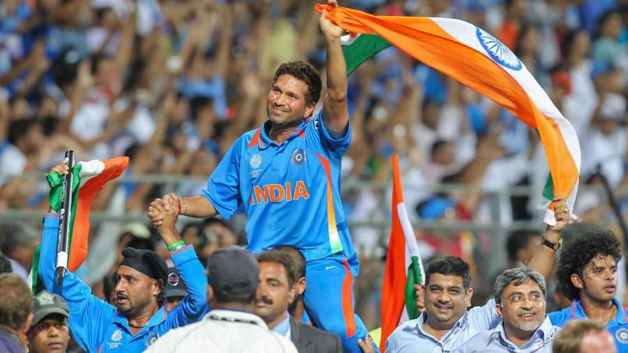 Cricketer Sachin Tendulkar is carried by fellow team members after Team India won the 2011 Cricket World Cup at Wankhede Stadium, in Mumbai in 2011. 
