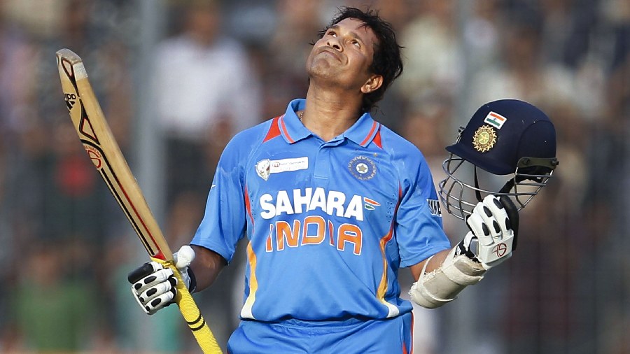 Tendulkar celebrates his 100th century during the Asia Cup cricket match against Bangladesh, in Dhaka on March 16, 2012. 