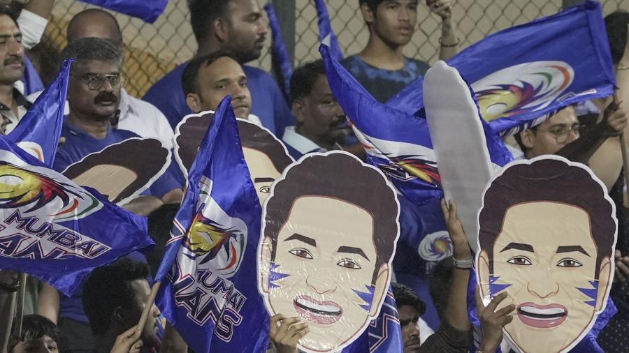 Fans celebrate Sachin Tendulkar's 50th birthday during the IPL 2023 cricket match between Punjab Kings and Mumbai Indians, at Wankhede Stadium in Mumbai, Saturday, April 22, 2023. 