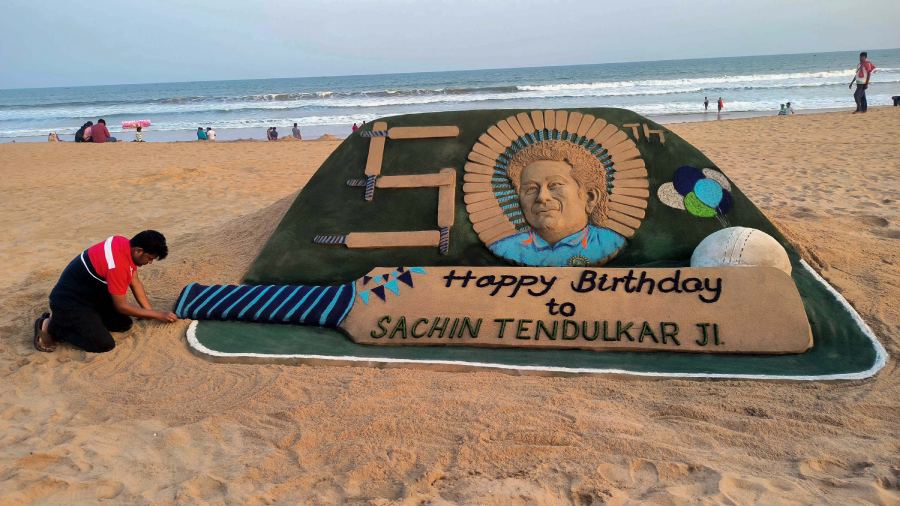 Sand artist Sudarsan Pattnaik creates a sand sculpture of Bharat Ratna Sachin Tendulkar to wish him on his 50th birthday at Puri beach in Odisha, Sunday, April 23, 2023