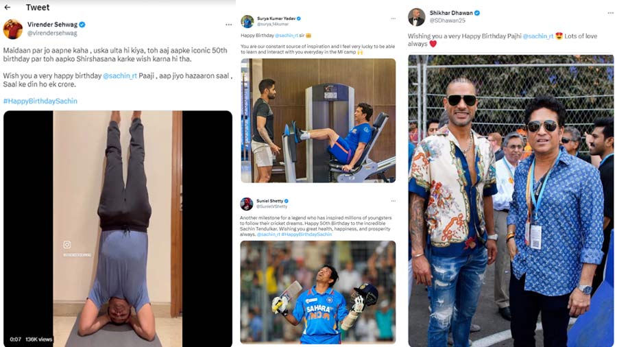 Virender Sewag, Surya Kumar Yadav and Shikar Dhawan among others wished the legendary cricketer Sachin Tendulkar on his 50th birthday on social media site Twitter. 