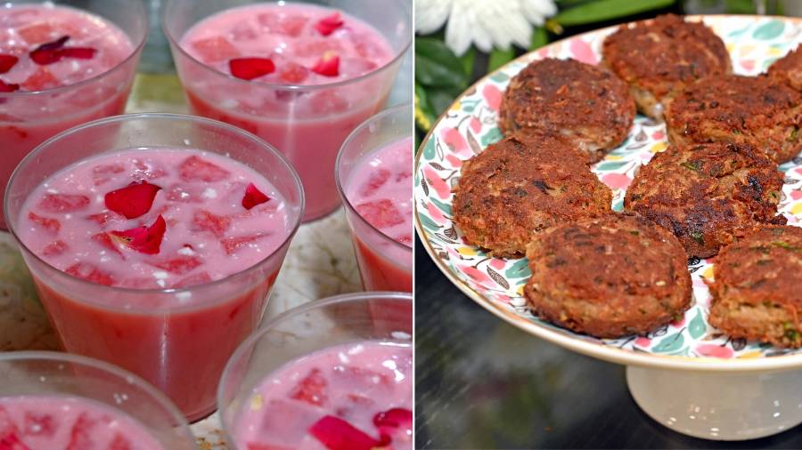 The watermelon and milk-based ‘sharbat-e-mohabbat’ and (right) Farah’s special Shammi Kebabs