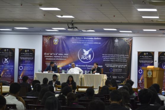 The Xavier Society of Law and Justice (XSLAJ) organised the First Edition of their national-level mediation competition, named, XMC'23 - Xavier Mediation Competition 2023, with the kind approval and blessings of The Hon'ble Vice Chancellor of St. Xavier's University, Kolkata, and Chairperson of XSLAJ, Rev. Dr. John Felix Raj, S.J., in association with Khaitan & Co. (Advocates & Solicitors), and Parnasree Jeewandeep Seva Sansthan, in Xavier Law School, St. Xavier's University, Kolkata, on the 19th, 20th & 21st of April, 2023.