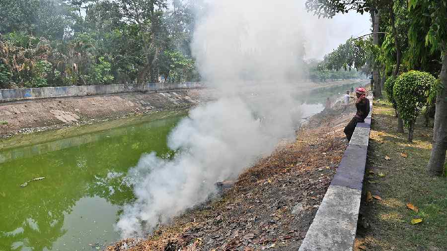 Waste set on fire along the Eastern Drainage Channel on Monday morning.           