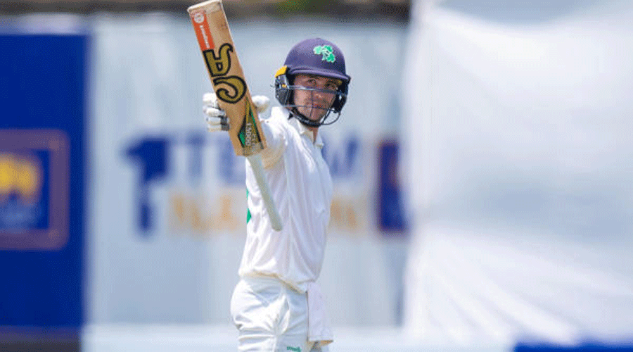 Ireland’s Curtis Campher celebrating during his 111-run knock in the second Test against Sri Lanka in Galle on Tuesday.