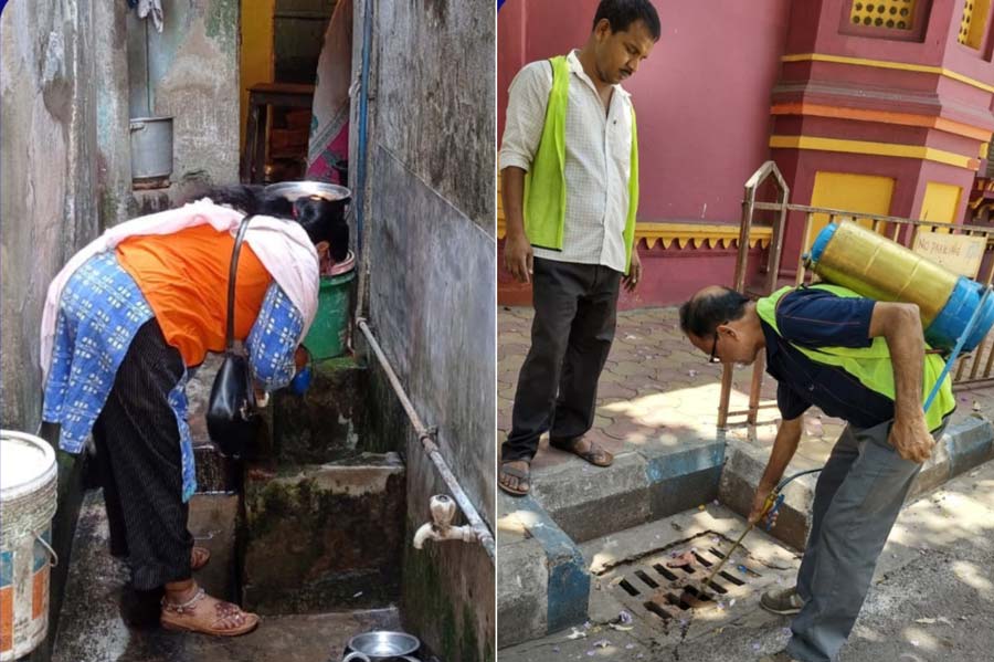 Kolkata Municipal Corporation (KMC) workers went around the city and sprinkled anti-larvae solution to control mosquito breeding      
