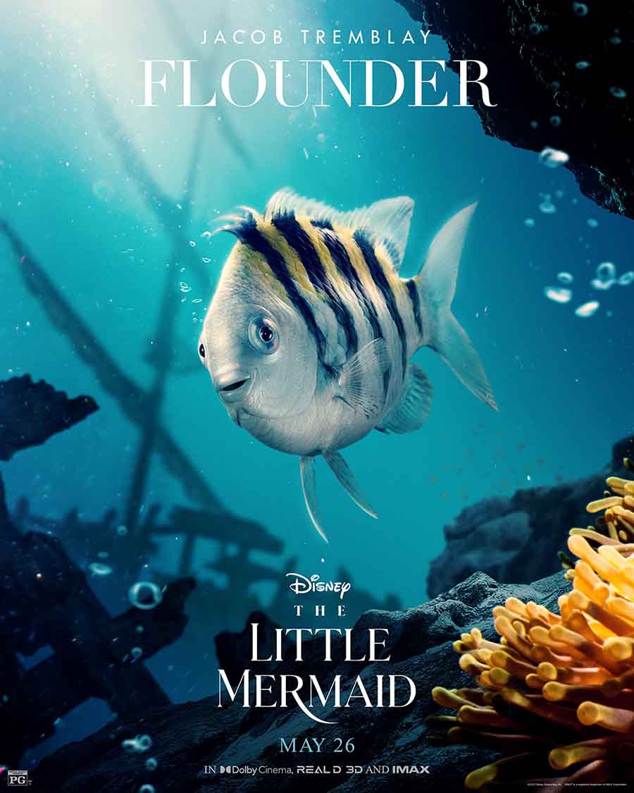 Ariel’s friend Flouder is voiced by Jacob Tremblay. Sebastian, Flounder and Ariel make a group of three inseparable friends.